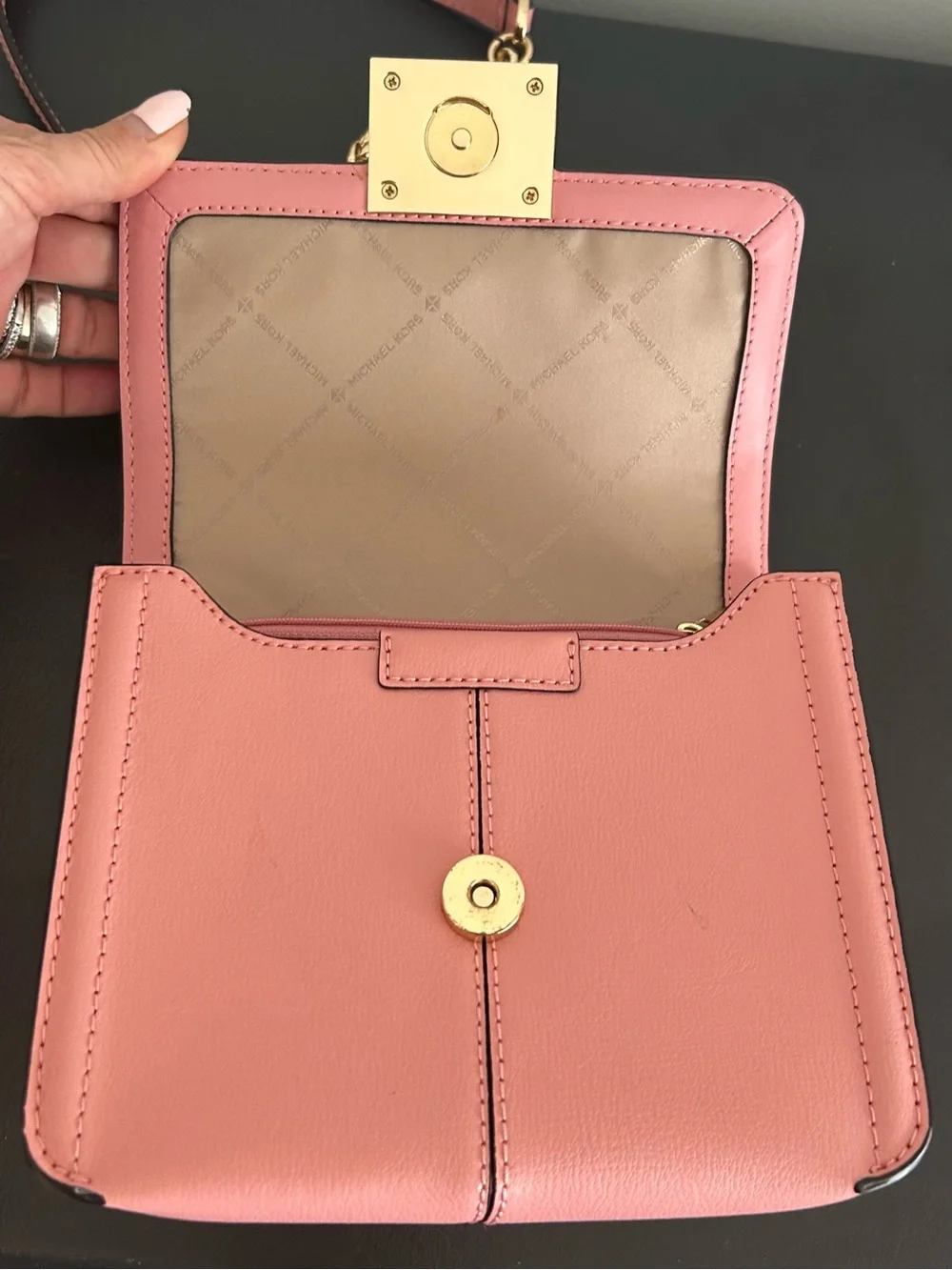 Michael Kors Pink Leather Chain Crossbody Shoulder Bag Gold MK Turn Lock purse